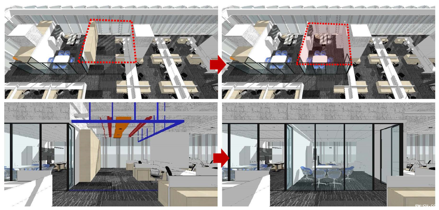 办公区设计：采用模数化设计的卡位和弹性讨论区